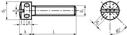 DIN404 Slotted Capstan screws-product drawing-L=shank length,d1=dia.,k=head height,t=slot depth, n=slot width, d2=head dia.