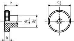 DIN466 Knurled Nut - product drawing - d1=thread dia.,d2=OD, h=overall height, k=knob heigth