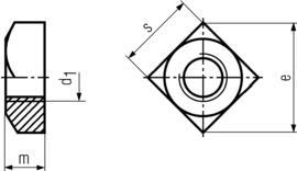 DIN557 Square Nut - product drawing - d1= ID, m=height, s= width A/F, e=width A/C