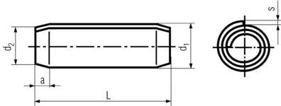 DIN7343 Spring Steel Spiral Pin - Product Drawing - L=Length, d1=body diameter,d2=end diameter