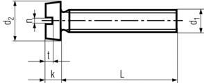 DIN84 Slotted Cheese Head Machine Screw - product drawing - L=shank length, d1= shank dia., k= head height, t= slot depth, n=slot width, d2= head dia.,