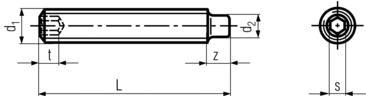 DIN 915-45H Socket Set Screw Dog Point - product drawing - L=length, d1=dia.,d2=Point Dia.,z=point length, t=socket depth