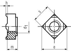DIN928 Square Weld Nut - product drawing - d1=dia.,m+h=overall height,e=WAC,s=WAF