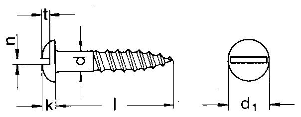 DIN96 Slotted round head wood screws - product drawing - l= shank length, d=dia., d1=head dia.,k= head height, n= slot width, t=slot depth