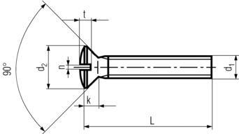 DIN964 Slotted Oval Head Machine Screw - Product drawing - L=length,d1=dia.,k=head height, t=slot depth,n=slot width,