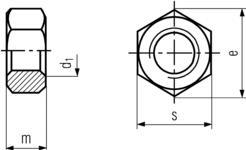 DIN 555 hex nut - product drawing - d1=ID, m=Thickness, S=WAF, e=WAC
